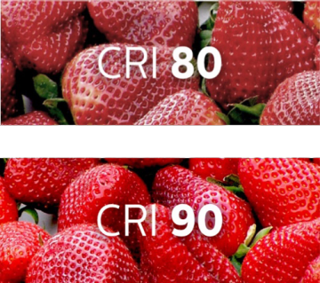 “CRI 80 和 CRI 90 照明下的草莓比较，展示了新鲜农产品展示的增强显色。”